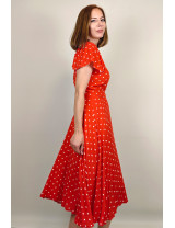 Kırmızı Puantiye Fırfır Kollu Midi Dikim Elbise | Kare Yaka, Retro Stil