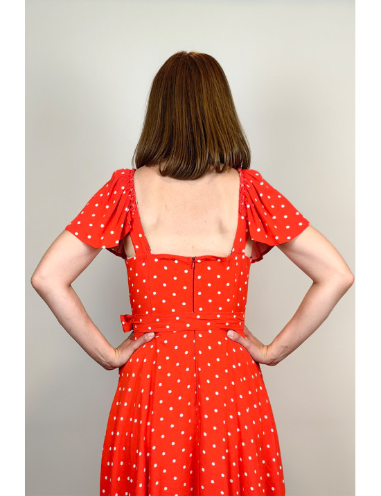 Kırmızı Puantiye Fırfır Kollu Midi Dikim Elbise | Kare Yaka, Retro Stil
