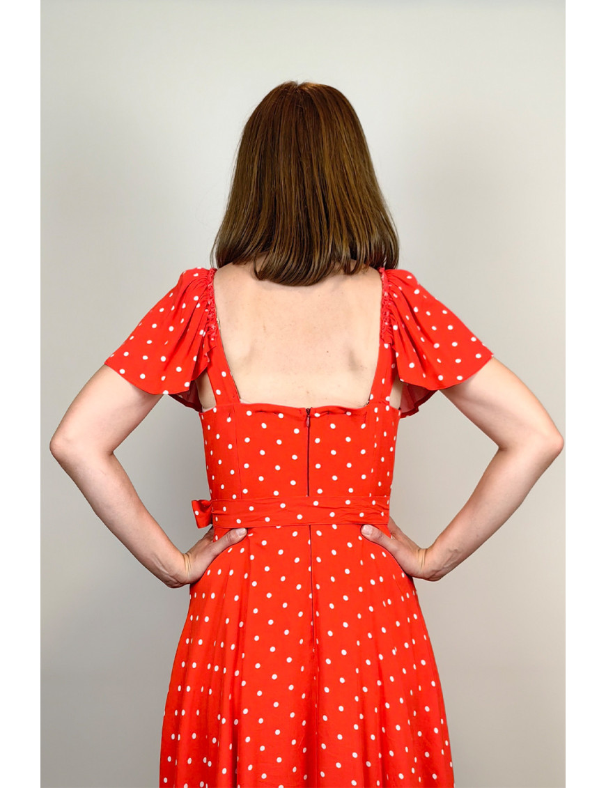 Kırmızı Puantiye Fırfır Kollu Midi Dikim Elbise | Kare Yaka, Retro Stil