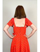 Kırmızı Puantiye Fırfır Kollu Midi Dikim Elbise | Kare Yaka, Retro Stil