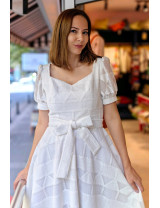 Beyaz Ajurlu Puf Kollu Midi Dikim Elbise | Fiyonklu, Romantik ve Şık