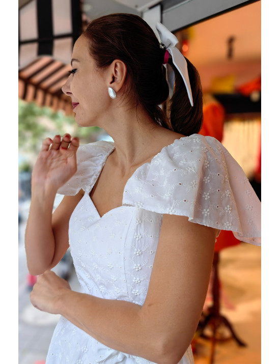 Beyaz Brode Desenli Fırfır Omuzlu Midi Dikim Elbise | Yazlık ve Romantik