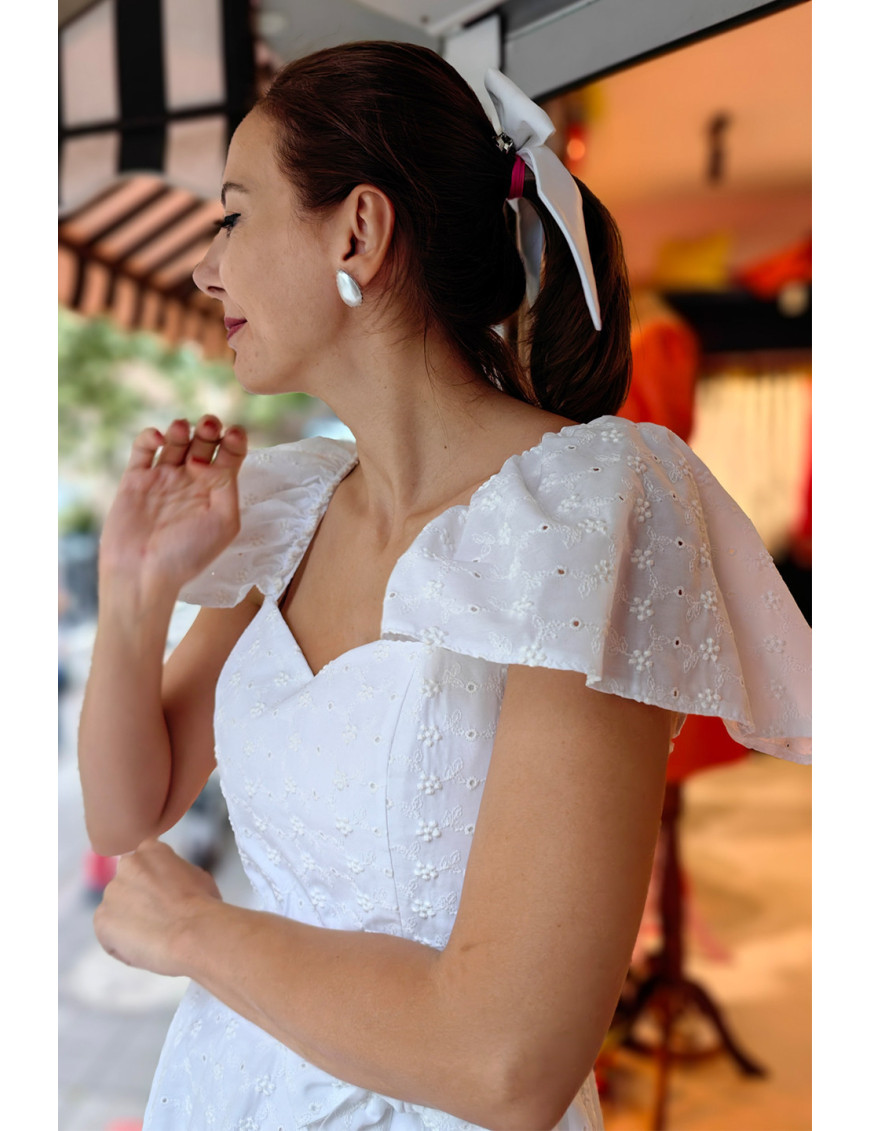 Beyaz Brode Desenli Fırfır Omuzlu Midi Dikim Elbise | Yazlık ve Romantik