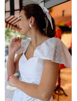 Beyaz Brode Desenli Fırfır Omuzlu Midi Dikim Elbise | Yazlık ve Romantik