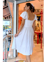 Beyaz Brode Desenli Fırfır Omuzlu Midi Dikim Elbise | Yazlık ve Romantik