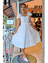 Beyaz Brode Desenli Fırfır Omuzlu Midi Dikim Elbise | Yazlık ve Romantik