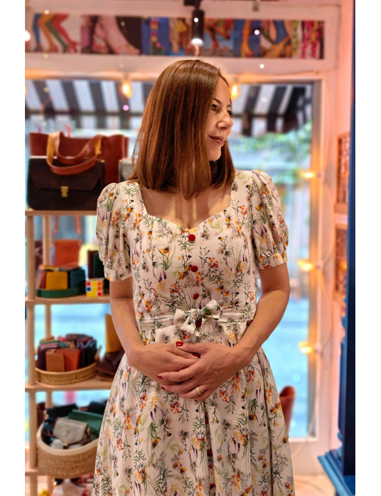 Kır Çiçeği Desenli Puf Kollu Midi Dikim Elbise | Romantik ve Yazlık