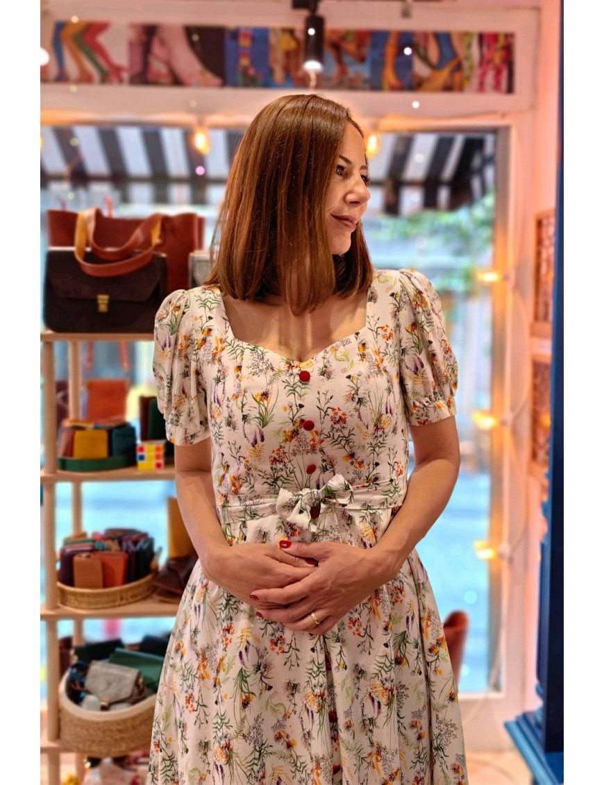 Kır Çiçeği Desenli Puf Kollu Midi Dikim Elbise | Romantik ve Yazlık