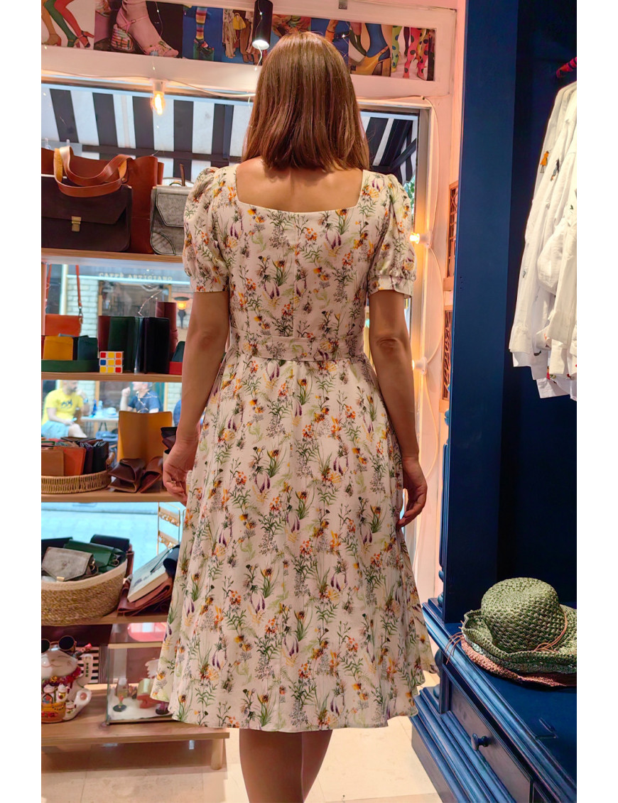 Kır Çiçeği Desenli Puf Kollu Midi Dikim Elbise | Romantik ve Yazlık