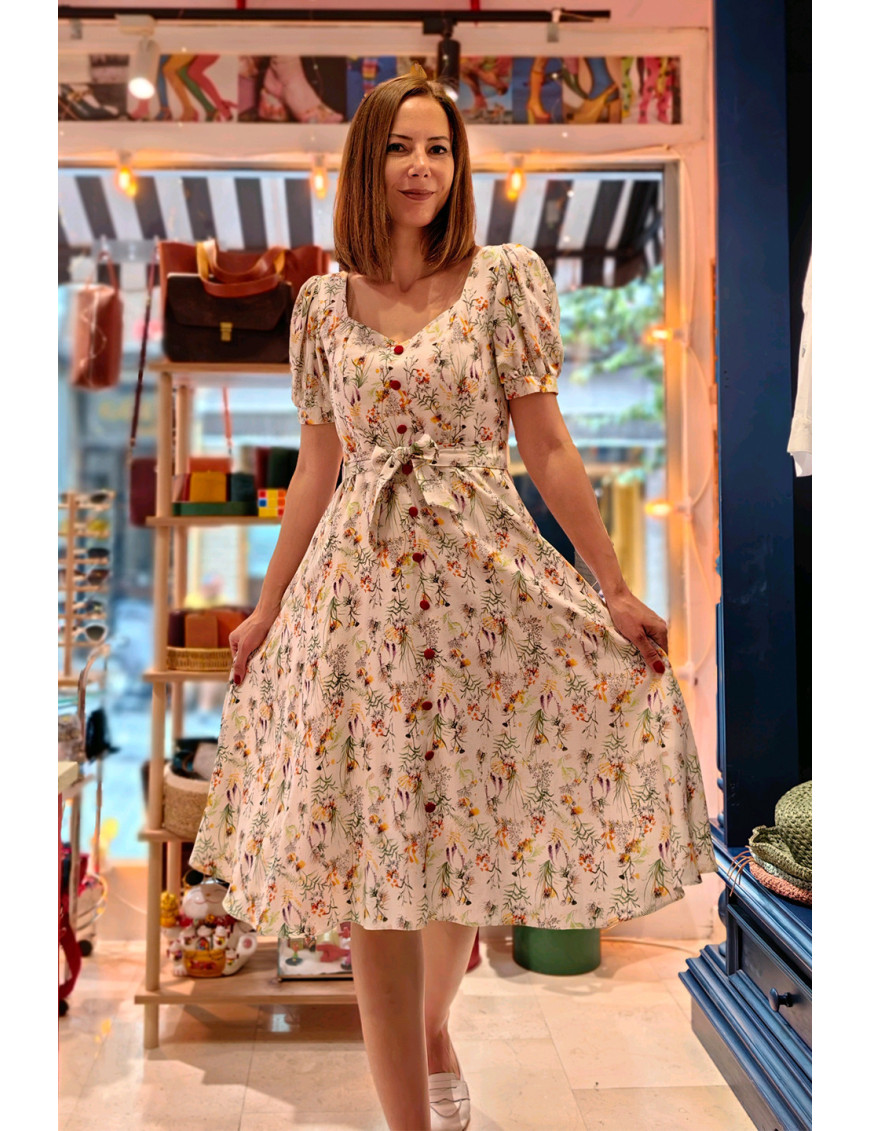 Kır Çiçeği Desenli Puf Kollu Midi Dikim Elbise | Romantik ve Yazlık