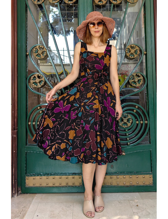 Koyu Zemin Soyut Çiçek Desenli Askılı Midi Dikim Elbise | Kare Yaka