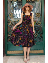 Koyu Zemin Soyut Çiçek Desenli Askılı Midi Dikim Elbise | Kare Yaka