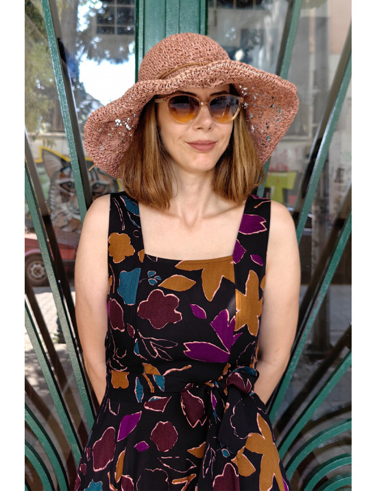 Koyu Zemin Soyut Çiçek Desenli Askılı Midi Dikim Elbise | Kare Yaka