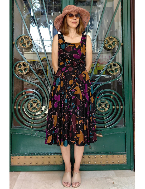 Koyu Zemin Soyut Çiçek Desenli Askılı Midi Dikim Elbise | Kare Yaka