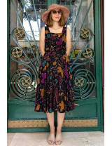 Koyu Zemin Soyut Çiçek Desenli Askılı Midi Dikim Elbise | Kare Yaka