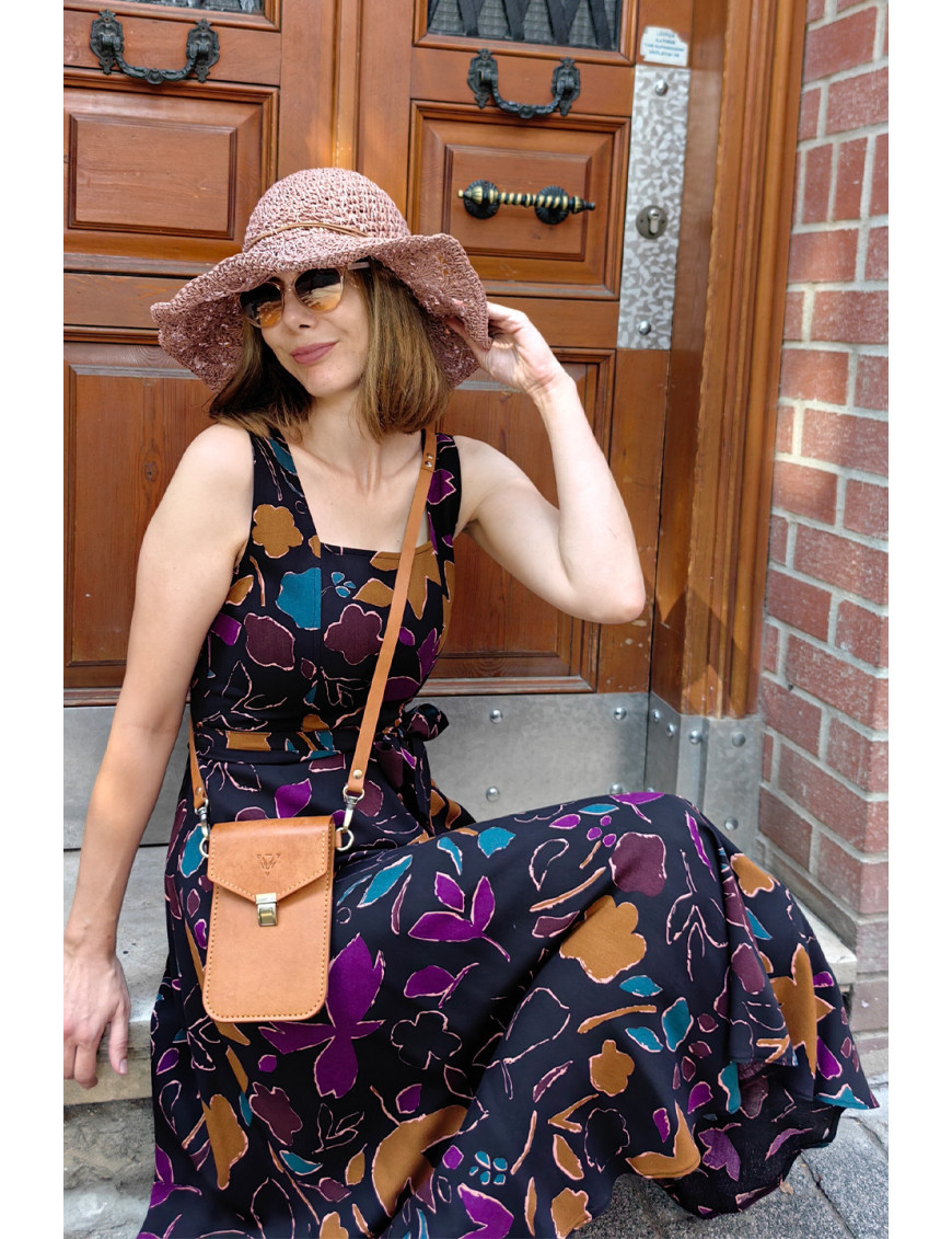 Koyu Zemin Soyut Çiçek Desenli Askılı Midi Dikim Elbise | Kare Yaka