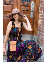 Koyu Zemin Soyut Çiçek Desenli Askılı Midi Dikim Elbise | Kare Yaka