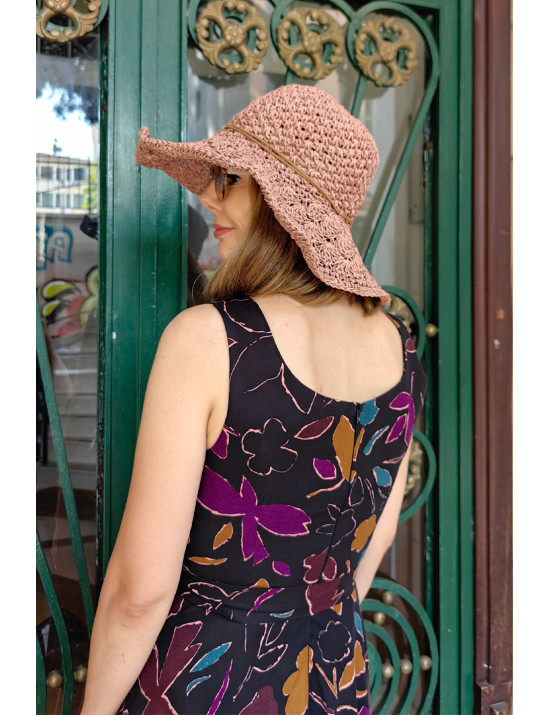 Koyu Zemin Soyut Çiçek Desenli Askılı Midi Dikim Elbise | Kare Yaka