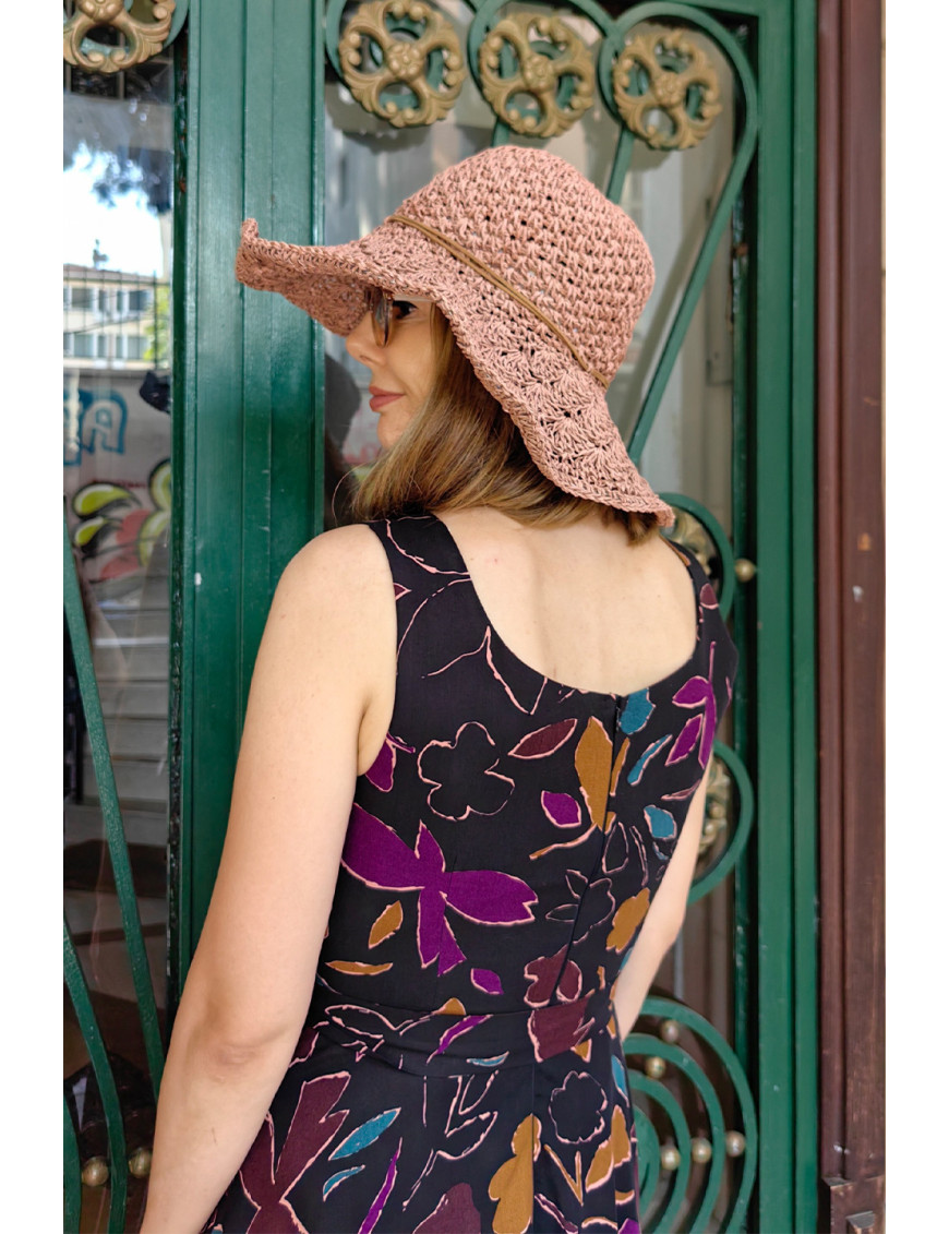 Koyu Zemin Soyut Çiçek Desenli Askılı Midi Dikim Elbise | Kare Yaka