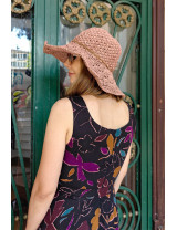 Koyu Zemin Soyut Çiçek Desenli Askılı Midi Dikim Elbise | Kare Yaka