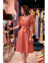 Şeftali Jakarlı Kalp Yaka Puf Kollu Midi Dikim Elbise | Özel Gün