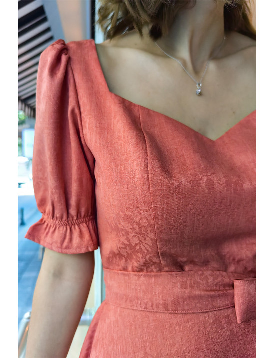 Şeftali Jakarlı Kalp Yaka Puf Kollu Midi Dikim Elbise | Özel Gün