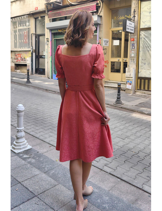 Şeftali Jakarlı Kalp Yaka Puf Kollu Midi Dikim Elbise | Özel Gün