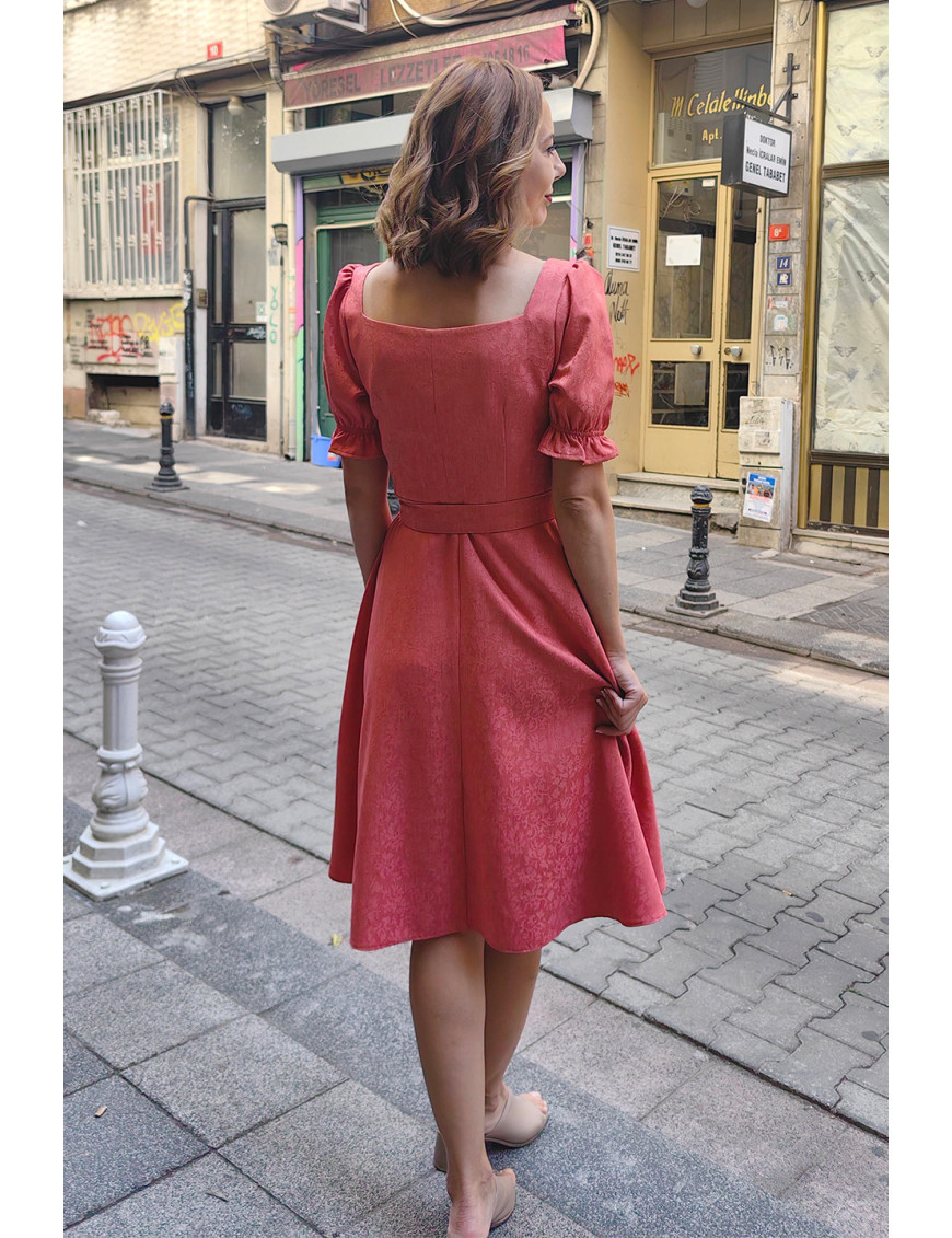 Şeftali Jakarlı Kalp Yaka Puf Kollu Midi Dikim Elbise | Özel Gün