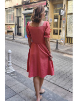 Şeftali Jakarlı Kalp Yaka Puf Kollu Midi Dikim Elbise | Özel Gün