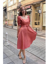 Şeftali Jakarlı Kalp Yaka Puf Kollu Midi Dikim Elbise | Özel Gün