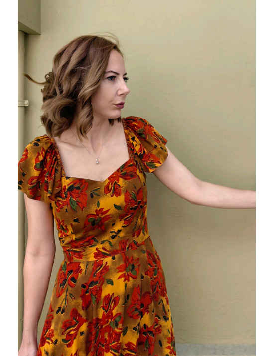 Hardal Sarısı Çiçekli Kalp Yaka Puf Kollu Midi Dikim Elbise | Sonbahar