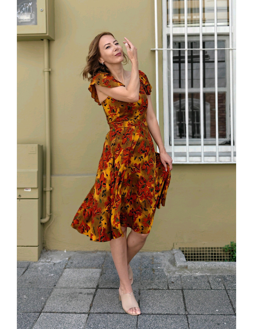 Hardal Sarısı Çiçekli Kalp Yaka Puf Kollu Midi Dikim Elbise | Sonbahar