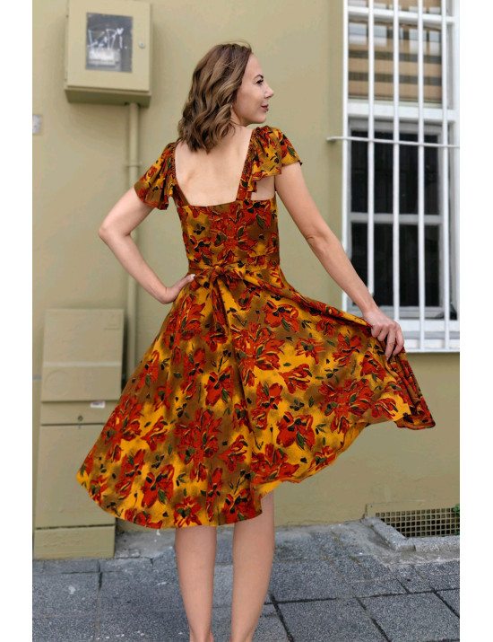 Hardal Sarısı Çiçekli Kalp Yaka Puf Kollu Midi Dikim Elbise | Sonbahar