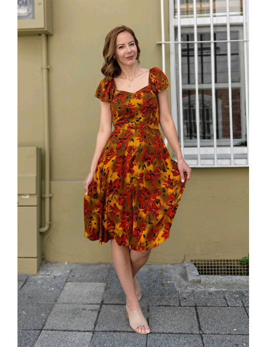 Hardal Sarısı Çiçekli Kalp Yaka Puf Kollu Midi Dikim Elbise | Sonbahar