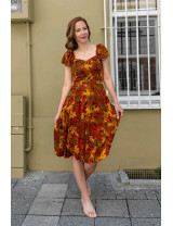 Hardal Sarısı Çiçekli Kalp Yaka Puf Kollu Midi Dikim Elbise | Sonbahar