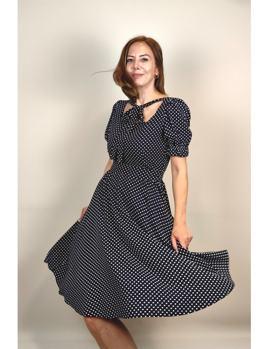 Siyah Puantiye Bağlamalı Yaka Midi Dikim Elbise | Retro Stil, Kloş Etek