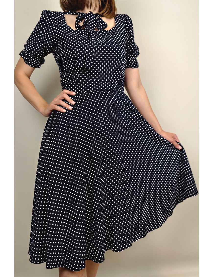 Siyah Puantiye Bağlamalı Yaka Midi Dikim Elbise | Retro Stil, Kloş Etek