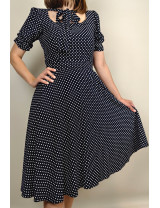 Siyah Puantiye Bağlamalı Yaka Midi Dikim Elbise | Retro Stil, Kloş Etek