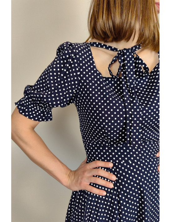 Siyah Puantiye Bağlamalı Yaka Midi Dikim Elbise | Retro Stil, Kloş Etek