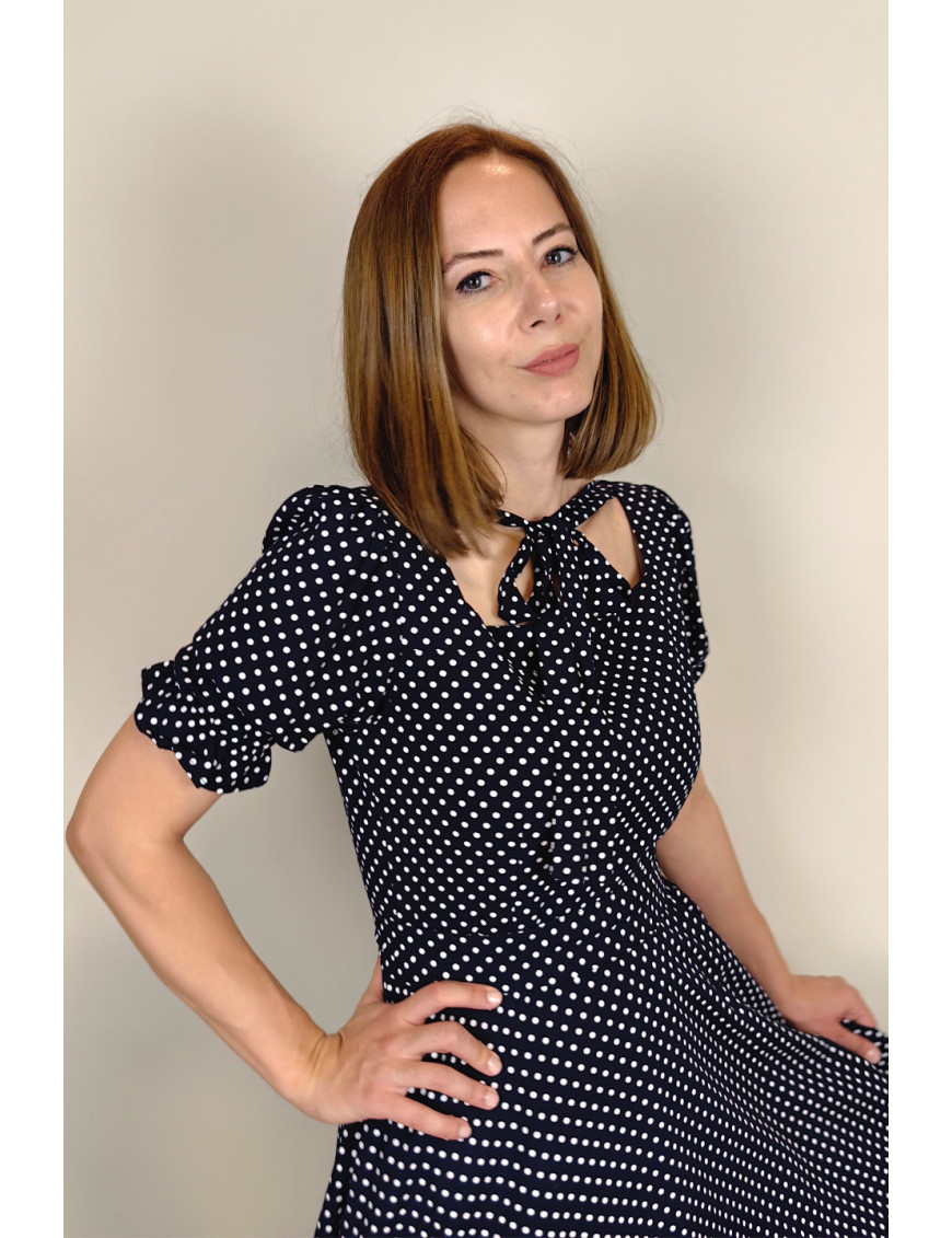 Siyah Puantiye Bağlamalı Yaka Midi Dikim Elbise | Retro Stil, Kloş Etek