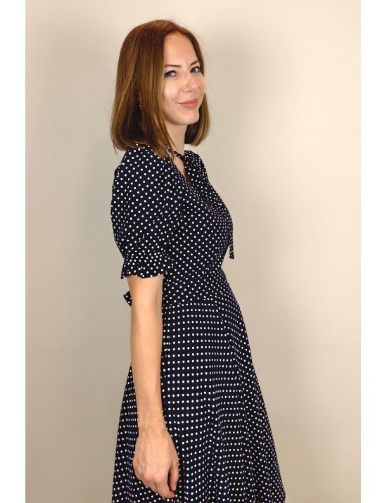 Siyah Puantiye Bağlamalı Yaka Midi Dikim Elbise | Retro Stil, Kloş Etek