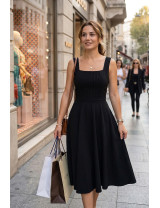 Siyah Askılı Midi Dikim Tasarım Elbise | Kare Yaka, Pilili Göğüs Detaylı Klasik