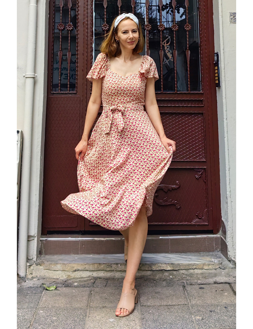 Minik Çiçekli Fırfır Kollu Midi Dikim Elbise | Büzgülü Üst, Romantik Yazlık