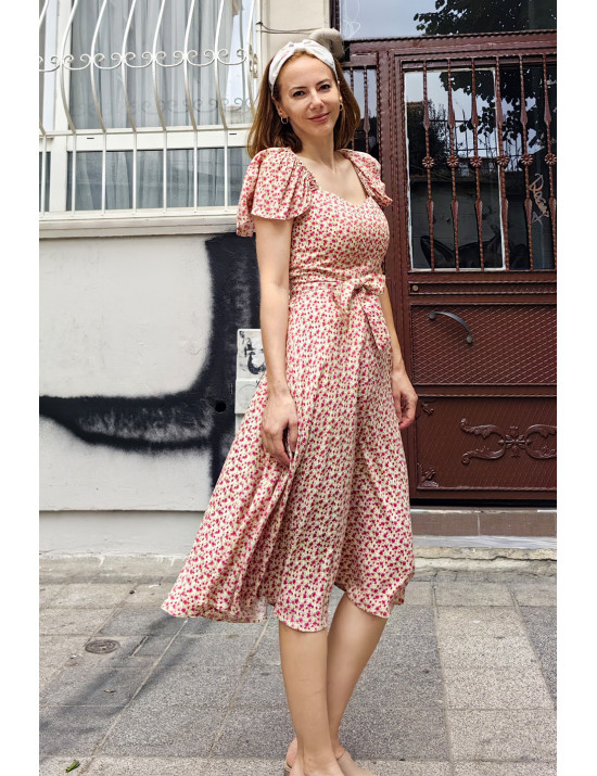 Minik Çiçekli Fırfır Kollu Midi Dikim Elbise | Büzgülü Üst, Romantik Yazlık