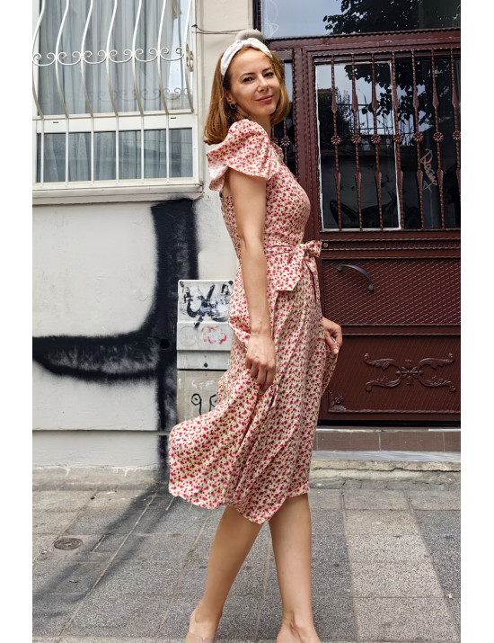 Minik Çiçekli Fırfır Kollu Midi Dikim Elbise | Büzgülü Üst, Romantik Yazlık