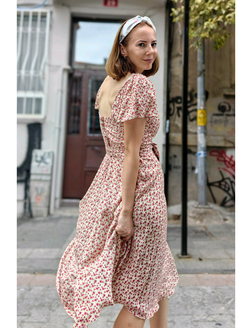 Minik Çiçekli Fırfır Kollu Midi Dikim Elbise | Büzgülü Üst, Romantik Yazlık