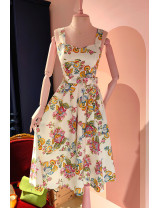 El Yapımı Çiçek Desenli Retro Tasarım Elbise - " Kalp Yaka Bahar Bahçesi"