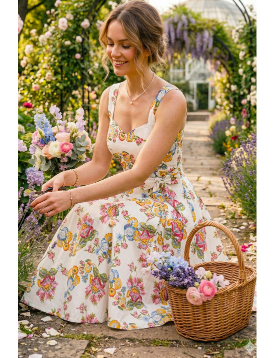 Çiçekli El Yapımı Retro Midi Elbise | Craft and Boutique