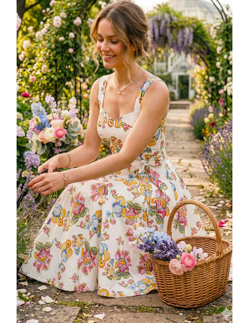 Çiçekli El Yapımı Retro Midi Elbise | Craft and Boutique