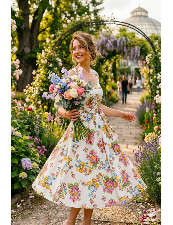 El Yapımı Çiçek Desenli Retro Tasarım Elbise - " Kalp Yaka Bahar Bahçesi"
